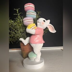 Easter Bunny With Pastel Macarons Pink Girl Resin Statue Spring 11 Inch NWT